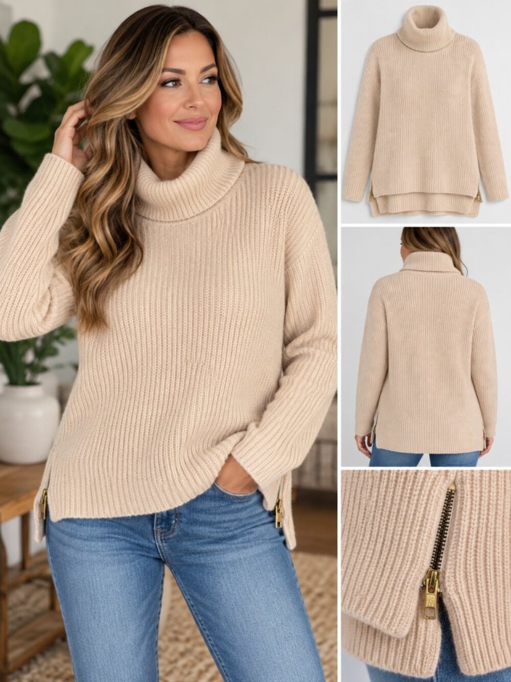 REISS Wool Blend Ribbed Turtleneck Sweater Side Zip Size S Beige